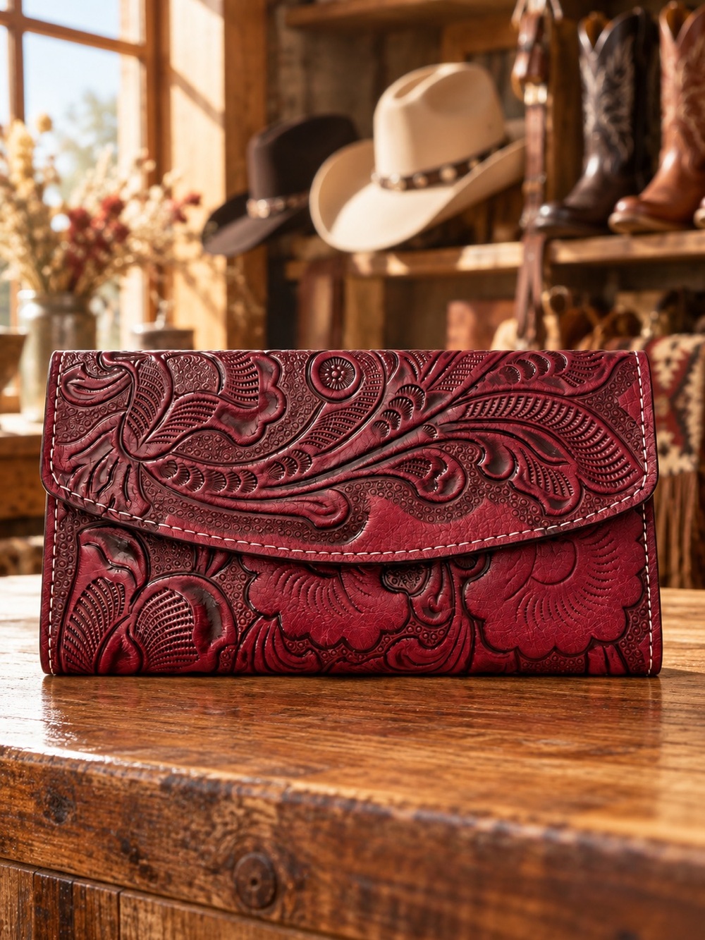 Burgundy Cowhide Wallet with Embossed Floral Design – New Without Tags